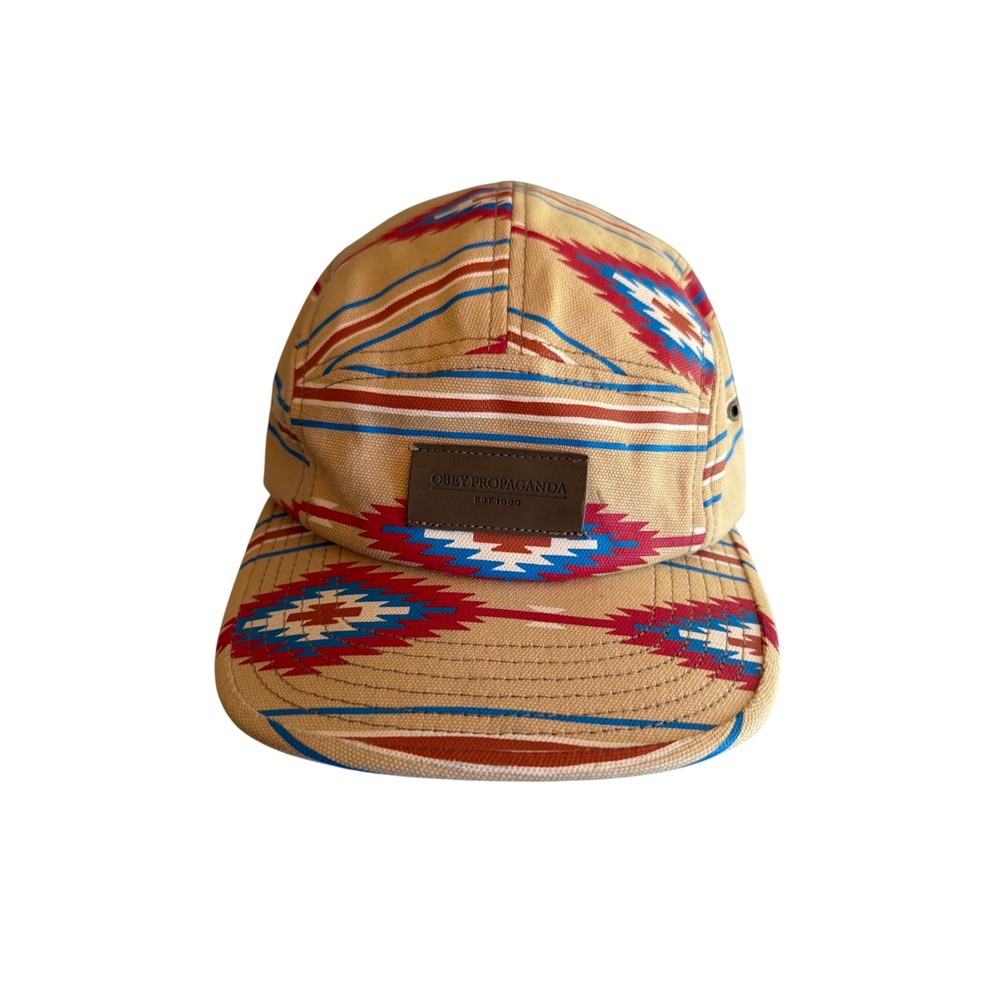 Obey Hat Tan Southwestern Geometric 5 Panel Camper Leather Strapback Streetwear